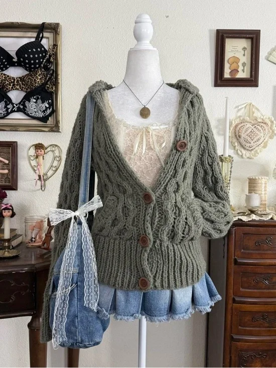 y2k cozy fairy grunge boho twee sage green chunky knit hooded cardigan w pockets - Picture 3 of 6